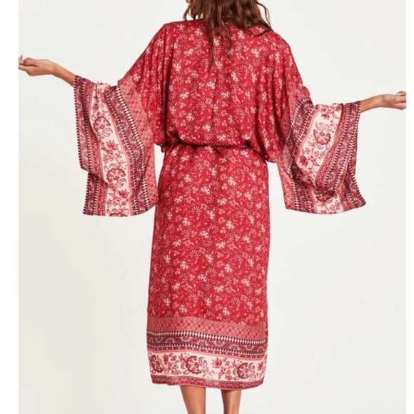 Boho Red Floral Print Kimono Sleeve Belted Cover Up - Picture 6 of 8